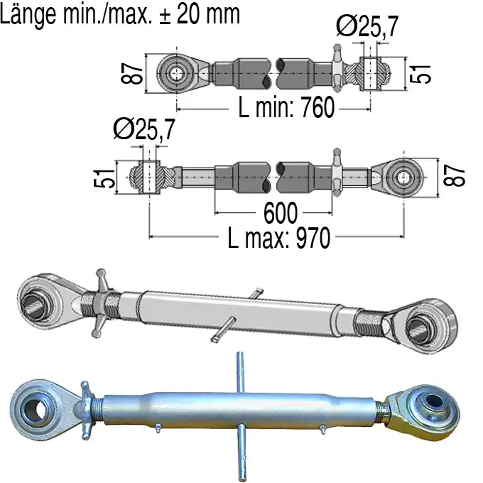 Garantierte Lieferung Oberlenker mechanisch, 760-970 mm, Kat. 2