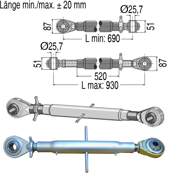Markenprodukt Oberlenker mechanisch, 690-930 mm, Kat. 2