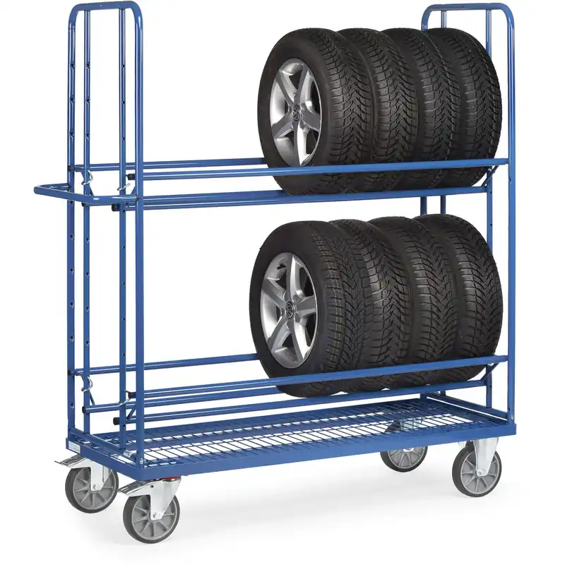Markenprodukt fetra Reifenwagen 4596 pulverbeschichtet blau RAL 5007 Boden mit eingeschweißtem Drahtgitter