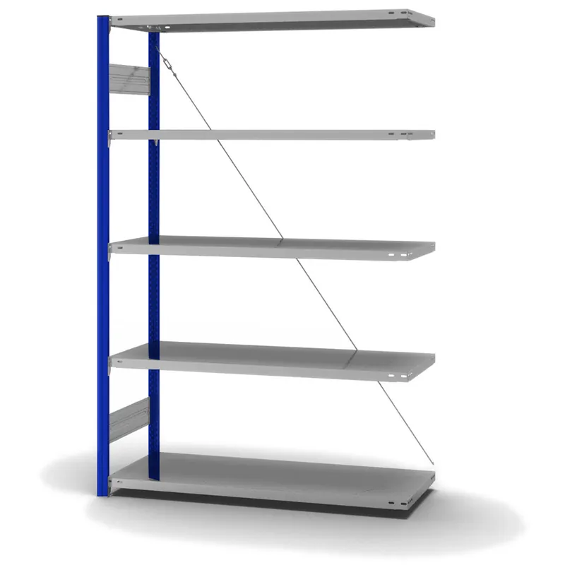 hofe Anbau-Fachbodenregal für Einseitige Nutzung - Stecksystem ORION PLUS - Fachlast 185 kg - H2000 B1300 T500 mm - Profile RAL5010 enzianblau - Böden verzinkt Saisonangebot