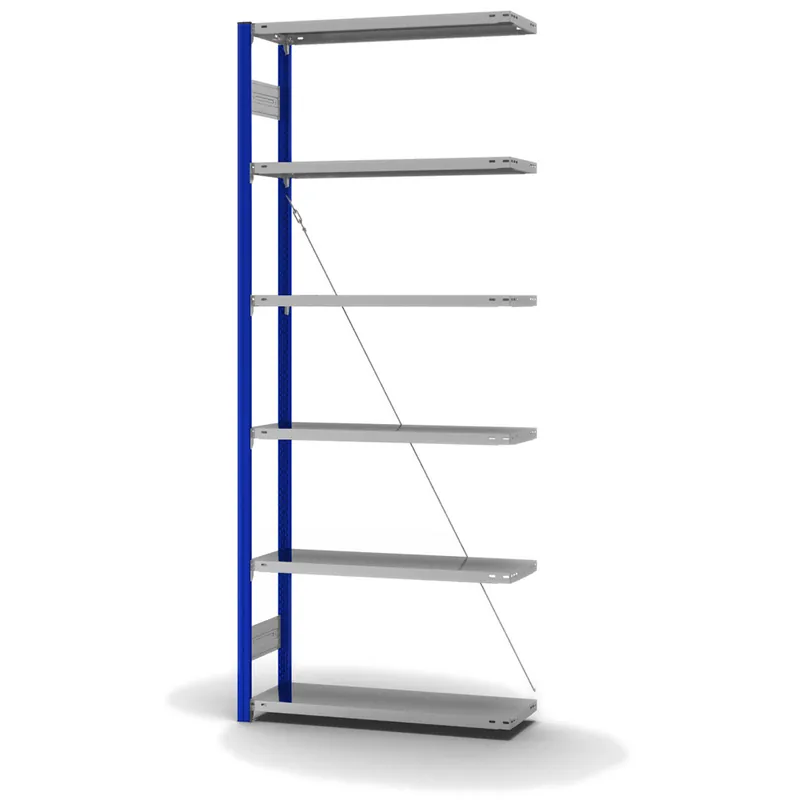 Preisknaller hofe Anbau-Fachbodenregal für Einseitige Nutzung - Stecksystem ORION PLUS - Fachlast 150 kg - H2500 B1000 T300 mm - Profile RAL5010 enzianblau - Böden verzinkt