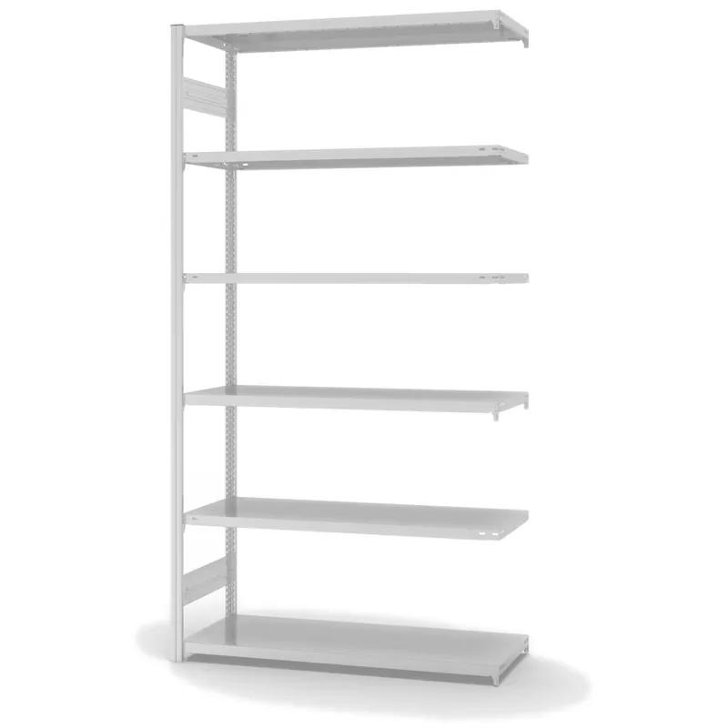 hofe Anbau-Fachbodenregal für Beidseitige Nutzung - Stecksystem ORION PLUS - Fachlast 185 kg - H2500 B1300 T500 mm - RAL7035 Lichtgrau Letzte Chance