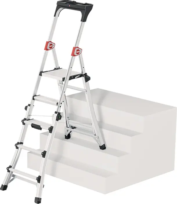 Preisreduziert Stufenstehleiter TL100 Stufen 3-5 Stufen Alu.elox.Gesamt-H.1430-1900mm