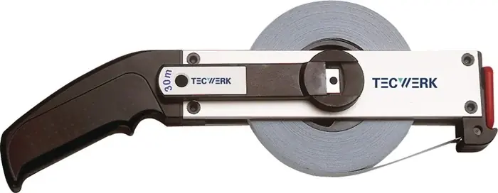 Rahmenbandmaß L.50m Bandbr.13mm Acm EG II Alu.weiß Stahlmaßband TECWERK Ausverkauf