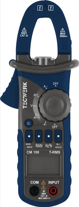 Stromzangenmultimeter CM 100 10 mA-600 A AC,10 mA-600 A DC CAT III 600V TECWERK Geprüft
