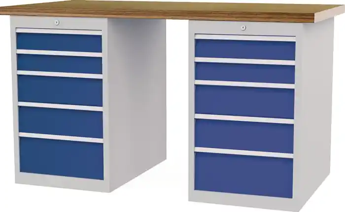 Werkbank B1500xT750xH859mm Buche-Multiplex lichtgrau/signalblau 10Schubl. Markenprodukt