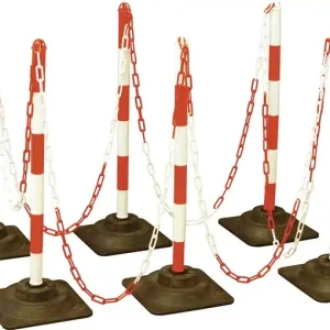 Super-Preis Sperrpfostenset PE/PVC rot/weiß m.Hartgummifuß D40xH860mm 6 Warnstäbe,10m Kette