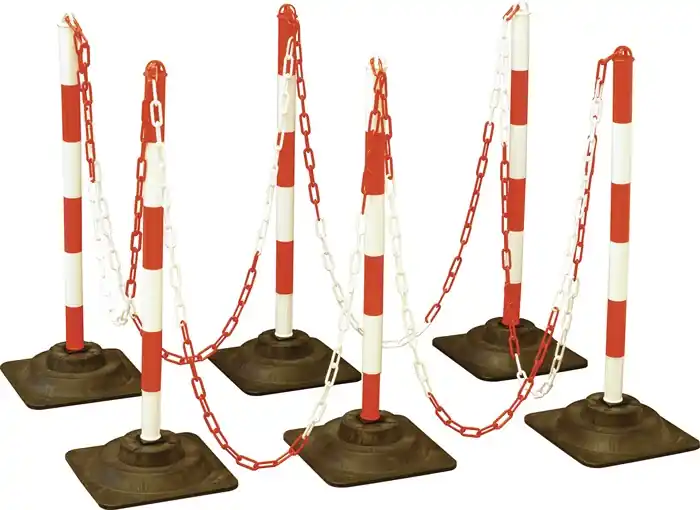 Super-Preis Sperrpfostenset PE/PVC rot/weiß m.Hartgummifuß D40xH860mm 6 Warnstäbe,10m Kette