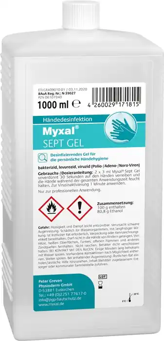 Finale Aktion Handdesinfektionsgel MYXAL® SEPT GEL 1l parfüm-/farbstofffrei Hartflasche MYXAL