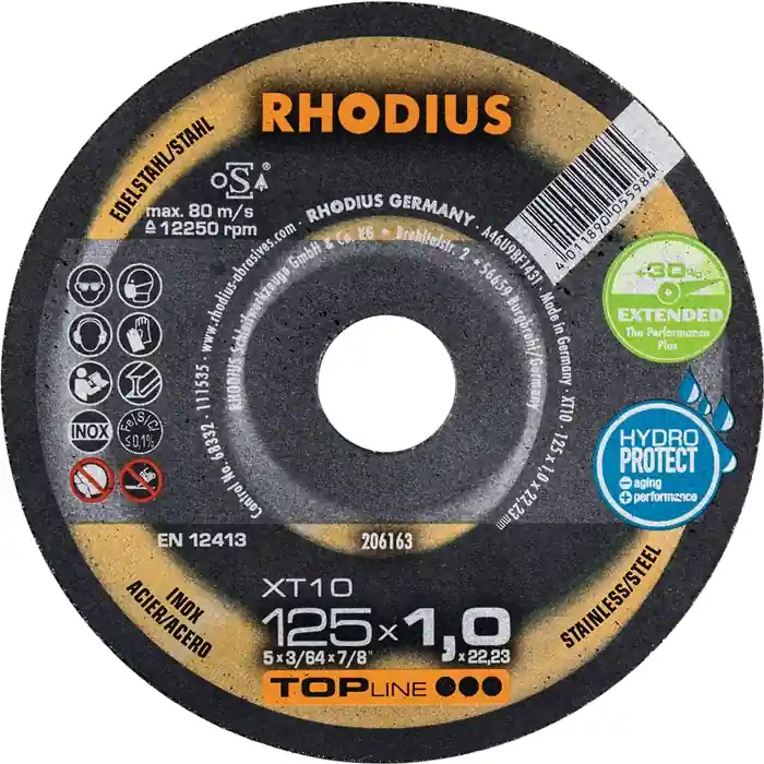 Top-Angebot Trennscheibe XT10 D125x1mm ger.INOX Bohr.22,23mm RHODIUS VE: 50 Stück