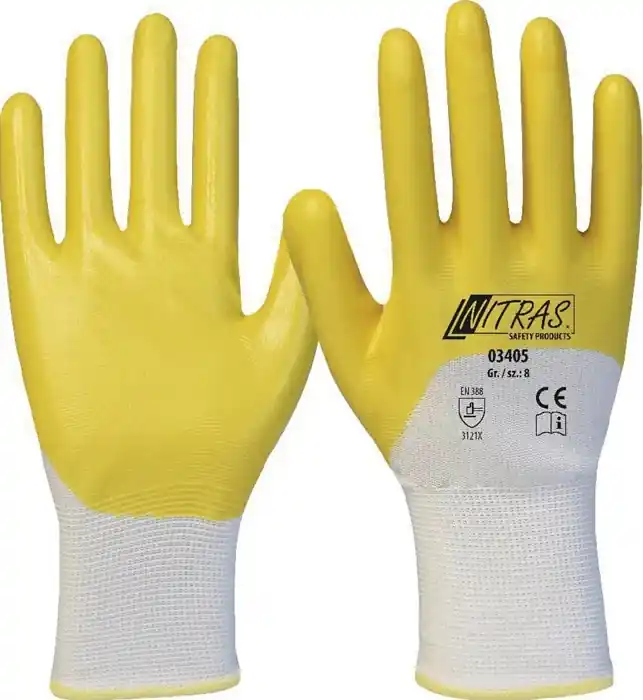 Handschuhe 03405 Gr.9 weiß/gelb PES m.Nitril EN 388 PSA II 12 NITRAS SAFETY VE: 12 Paare Sichere Zahlung