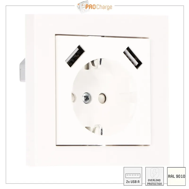 Pro Charge USB-Wandsteckdose - 2x USB-A 3.4A - 55x 55mm - RAL9010 Ausverkauf