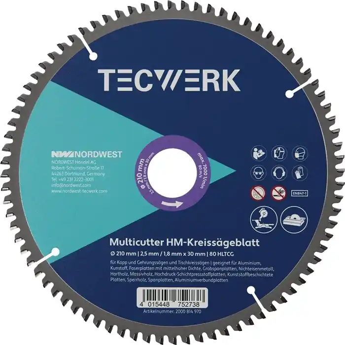 Tisch-/Kappkreissägeblatt AD 216mm Z.80 HLTCG Schnitt-B.2,5mm TECWERK Sonderangebot