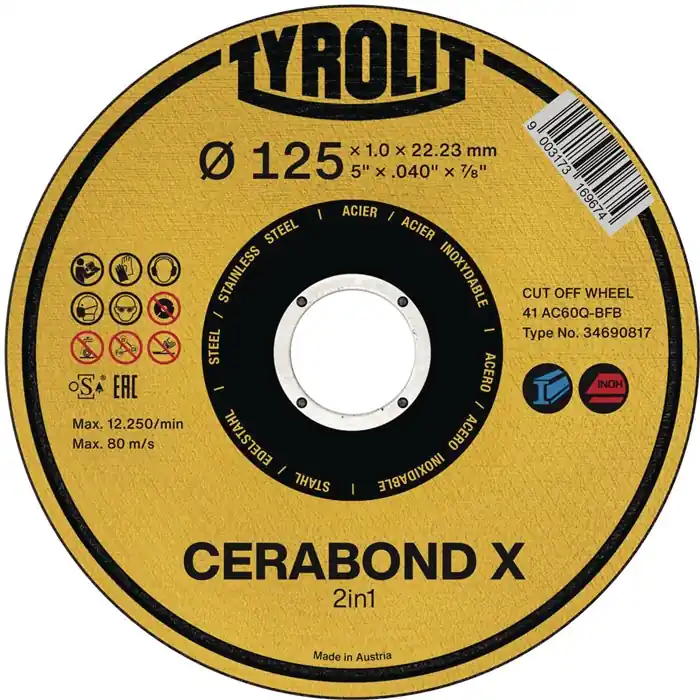 Expressversand Trennscheibe PREMIUM CERABOND X D125x1,0mm ger.Bohr.22,23mm TYROLIT VE: 25 Stück