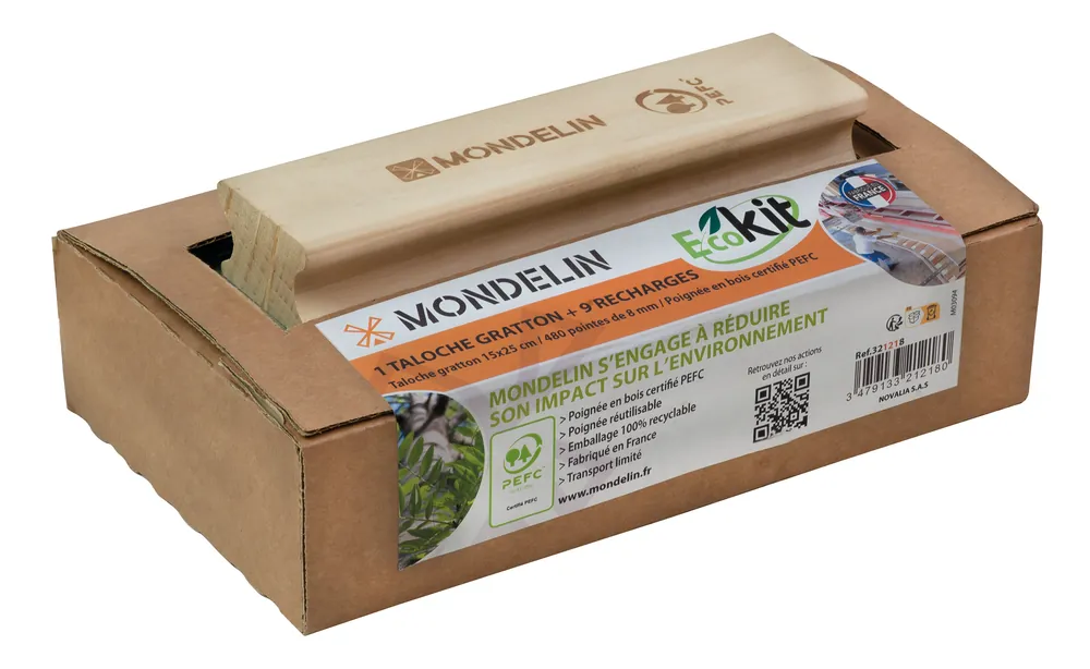 MONDELIN Edelputzkratzer Ecokit – 15 x 25 cm – PEFC-Holzgriff – 480 Dornen, 9 Ersatzauflagen Preisknaller