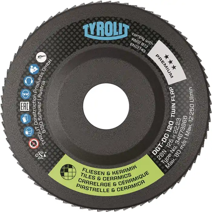 Ausverkauf Diamantfächerscheibe PREMIUM TWINFLAP D/C D.125mm K.120 28N TYROLIT