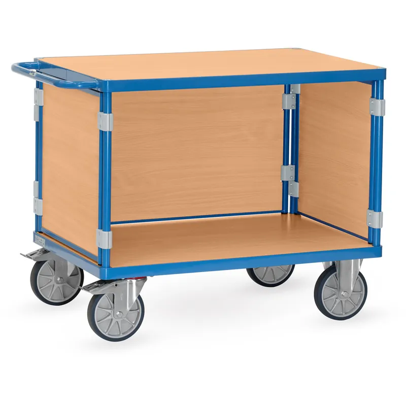 Markenprodukt fetra Dreiwand-Tischwagen pulverbeschichtet blau RAL 5007 mit 2 Böden 2 Stirnwänden und 1 Längswand