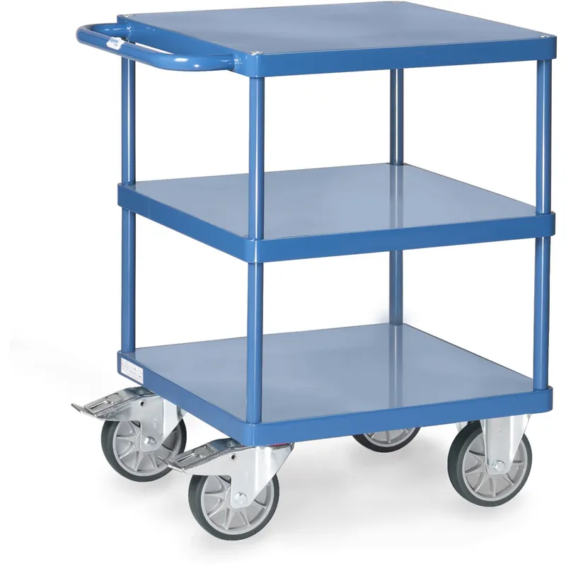 fetra Tischwagen mit Stahlblech-Wanne oder Plattform pulverbeschichtet brillantblau RAL 5007 mit 3 quadratischen Ladeflächen Neue Kollektion