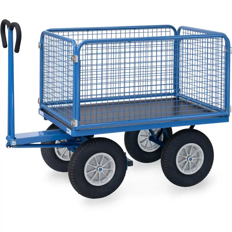 fetra Handpritschenwagen pulverbesichtet blau RAL-5007 mit Drahtgitterwänden 600 mm hoch Jetzt Kaufen