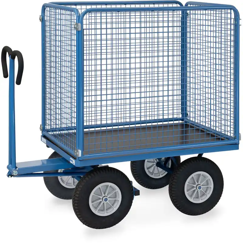 Super-Preis fetra Handpritschenwagen pulverbesichtet blau RAL-5007 mit Drahtgitterwänden 1000 mm hoch