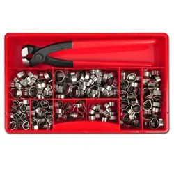 Günstig 1-Ohr-Schlauchklemmen-Set - Edelstahl - 280 Stück - Montagezange - Spannweite 7,5 bis 13,3 mm - Preis per Set